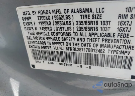 2007 Honda Odyssey Ex-L z USA, uszkodzony, nr VIN 5FNRL38717B012462